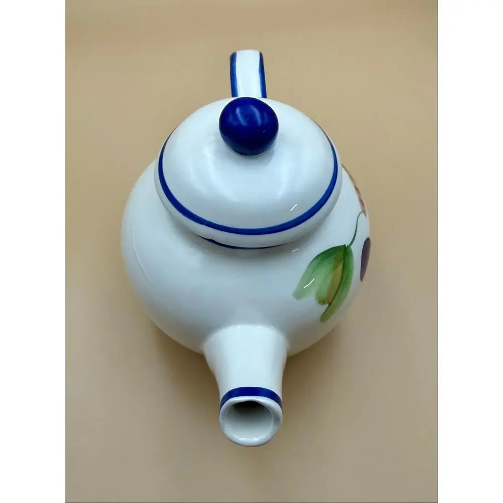 Vintage CBK Ltd China Porcelain Teapot Hand Painted Grapes Blue Trim Cottagecore
